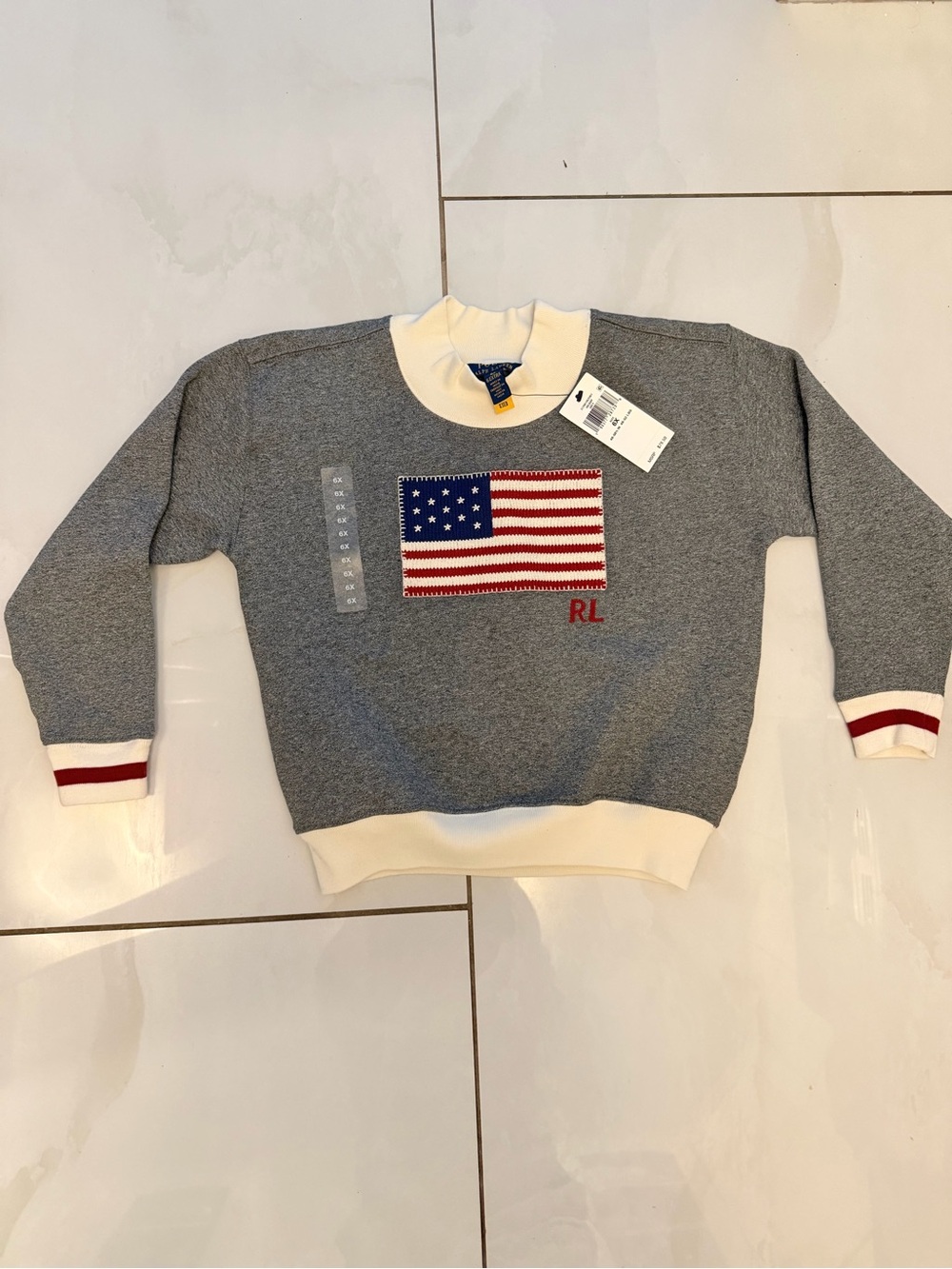 Ralph Lauren Gray Crewneck Sweater with American Flag Patch